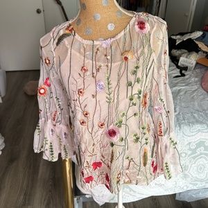 Cynthia Rowley Sheer Embroidered Floral Bell Sleeve Top S